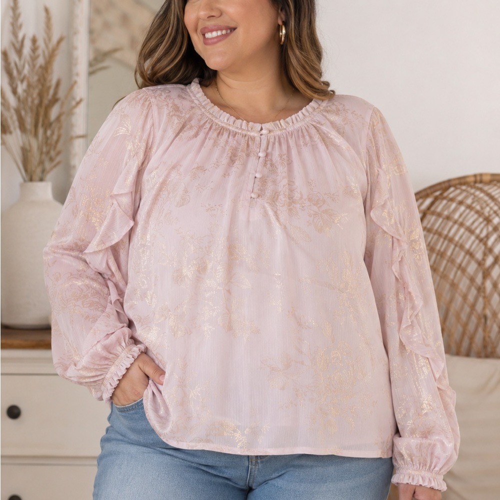 LC Lauren Conrad Pink Floral Metallic Peasant Blouse Women’s Plus 1X